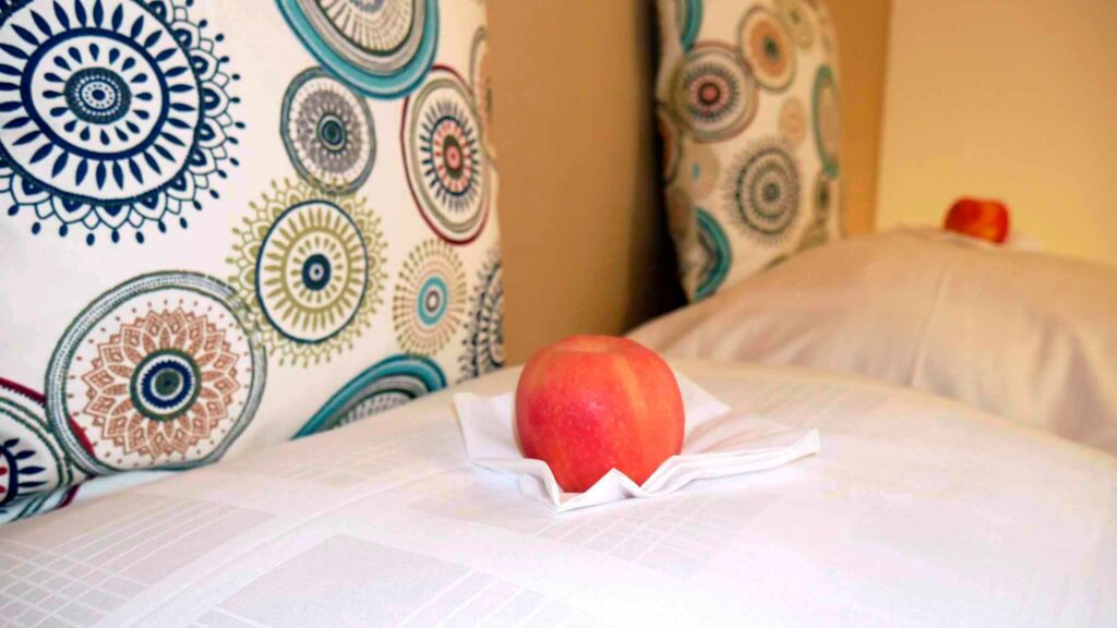 "An apple as a bedtime snack is ready for every guest of the Lieblingseck vacation apartment on Lake Chiemsee, Bavaria, Germany."