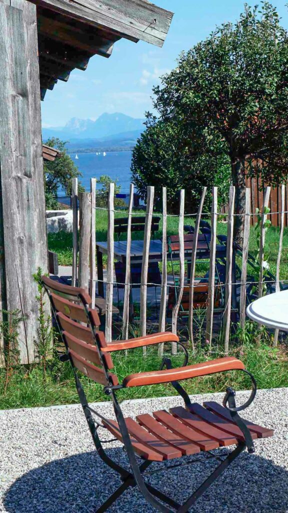 "Terrace with lake view for our Chiemgau vacationers of the green vacation home Lieblingseck in Gstadt at Lake Chiemsee, Bavaria, Germany."